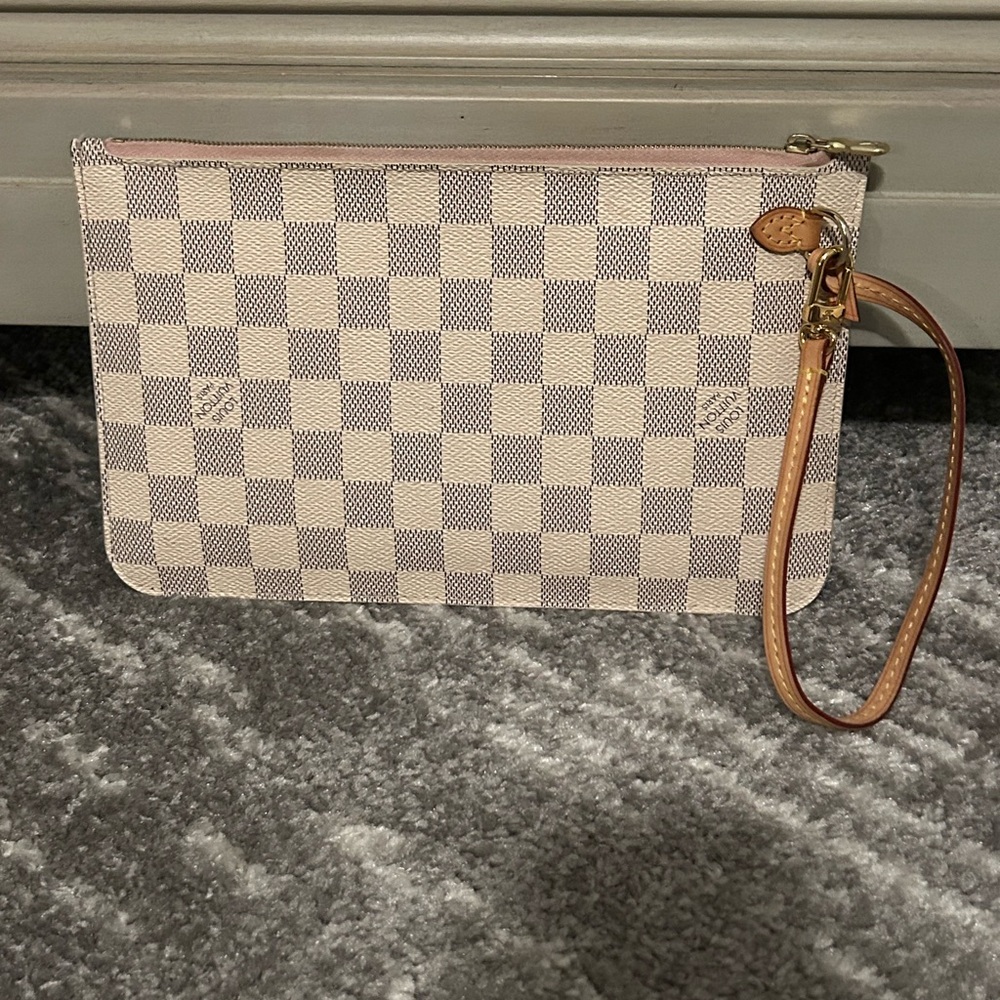 Authentic Louis Vuitton Damier Azur Rose Ballerine Neverfull Pouch